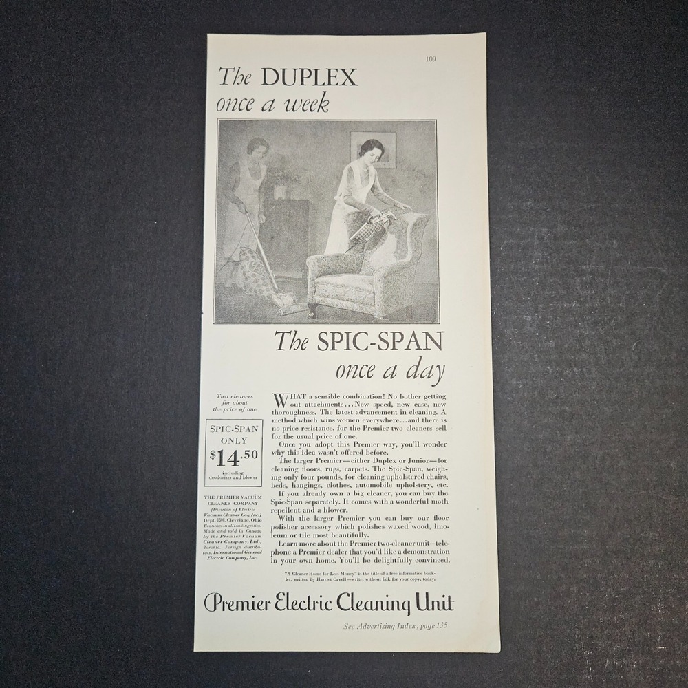1930 Premier Electric Cleaning Unit 2/3 Page Black &‎ White Vintage Print Ad